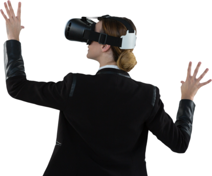 Digital png photo of caucasian businesswoman using vr headset on transparent background
