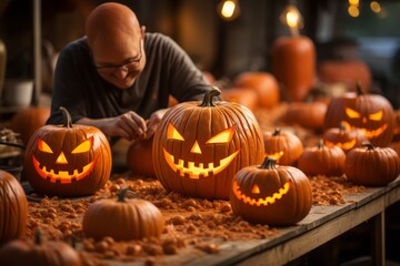 Fototapeta premium Man making pumpkins for holiday also known as jack-o'-lanterns, is a Halloween tradition