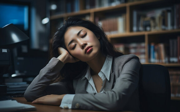 Tired sleepy and bored female worker sitting at office desk for a long time. AI Generated Images