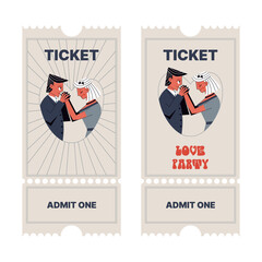 Entrance vertical ticket to the event with a couple in love in retro style from the 60s and 70s. Valentine's Day party invitation. Flat vector illustration.