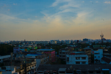 Naklejka premium Office city building sunset sky with cloud financial town