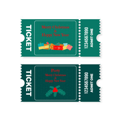 Christmas and New Year party. Set horizontal ticket with gifts design template. Green and red color. Flat vector illustration.
