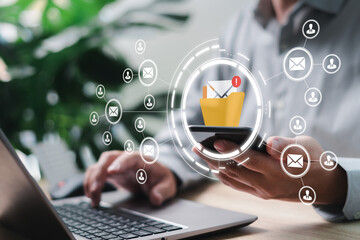 Business communication Email marketing concept, Businessman use smartphones to send e-mail contact with customers through the internet data transmission management through a fast network system - obrazy, fototapety, plakaty