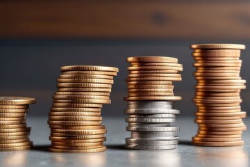 Stack of coins investment. Heap of coins money and stock market chart for financial banking system increase interest rate or mortgage investments dividend from business growth, federal reserve system 