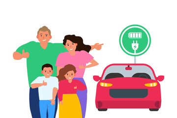 happy family showing thumbs up electric car sign eco vehicle  vector illustration