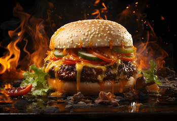Delicious cheeseburger on a black background with flames and smoke