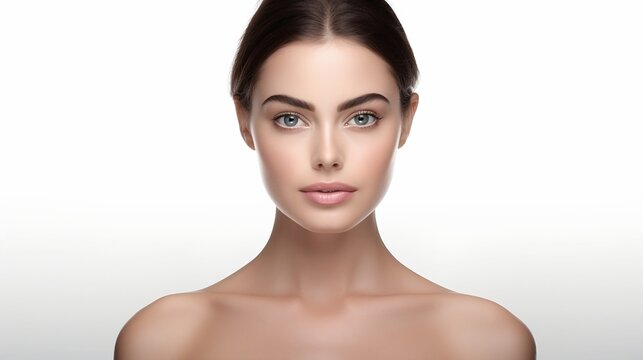 Young Brunette Woman Portrait with Perfect Smooth Clear Skin , Isolated on White Background , Beauty and Skincare Concept