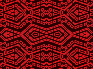 High contrast red and black glossy stripes background. Luxurious batik ornament. Abstract technology graphic banner design. Vector corporate background.