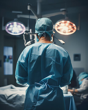 Doctor ready to perform surgery on patient in operating room, back view photo