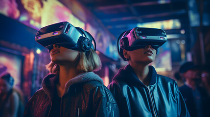 Futuristic portrait of a couple wearing a VR headset entering a Cyberpunk-style Virtual Reality world