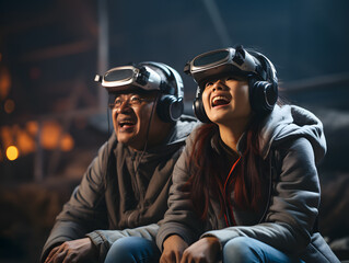 Excited father and son playing in VR headsets