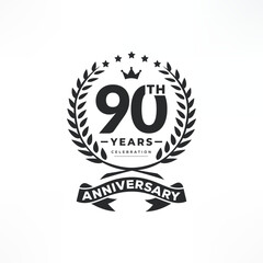 90 years anniversary logo emblem. 90th years Celebrating Anniversary Logo. 90 years anniversary celebration logo design with decorative ribbon or banner.