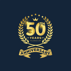50th years anniversary celebration logo design with decorative ribbon or banner. 50 years anniversary celebrations logo concept.