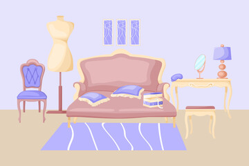 Luxurious bedroom interior vector illustration. Drawing of brown bed or sofa, makeup table, dress form, purple chair, furniture for sitting, sleeping. Furniture, interior design, functionality concept