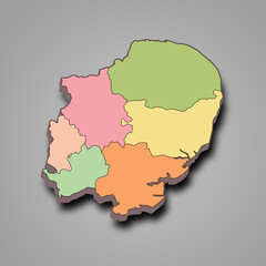 3d rendering High Quality outline map of East of England is a region of England, with borders of the ceremonial counties and different colour.