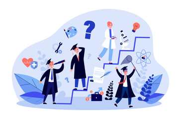 Graduate students choosing career path vector illustration. Cartoon drawing of career ladder, healthcare, business, writing, science, arts. Education, career, graduation, choice, success concept