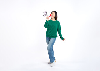 Asian woman smiling face holding megaphone shouting posing isolated on white background, photo studio background, with copy space