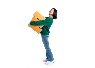 Happy Asian young Woman wear green shirt holding package parcel box isolated on white background, Delivery courier and shipping service concept, .