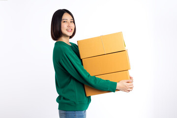Happy Asian young Woman wear green shirt holding package parcel box isolated on white background, Delivery courier and shipping service concept, .