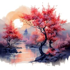 Obraz na płótnie Canvas landscape with trees and sunset 