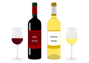赤ワインと白ワインのボトルとグラス