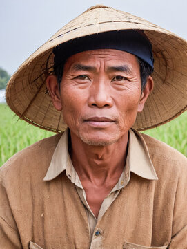 Portrait phto of an old vietnamese farmer in his farmland