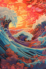 Japanese Traditional Wave Ukiyo-e Background, Red Background With Ukiyo-e Waves,an artistic picture of an ocean wave in the style of psyche