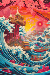 Japanese Traditional Wave Ukiyo-e Background, Red Background With Ukiyo-e Waves,an artistic picture of an ocean wave in the style of psyche