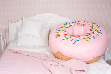 Diet and sweet snacks. Funny fat man dreams about donuts and cakes.