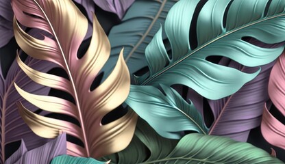 Shiny tropical leaves pastel colored in turquoise, mint, purple, pink rose, gold, blue. Watercolor 3d illustration, luxury wallpaper, premium high quality seamless mural, pattern. Generative AI 