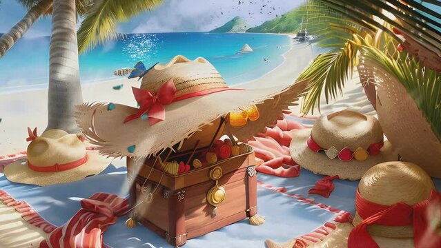 A straw hat with a red ribbon over a pirate treasure chest on a summer tropical beach. Cartoon or anime illustration style. seamless looping 4K time-lapse virtual video animation background.