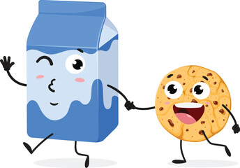 Cartoon milk and cookies, set of Cute characters, Isolated on white background
