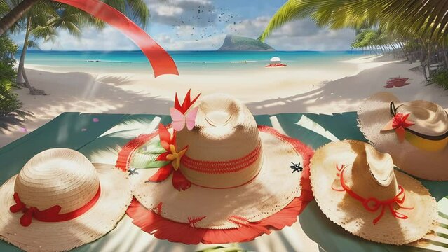 Straw hat with red ribbon on the tropical beach.  Cartoon or anime watercolor painting illustration style. seamless looping 4K time-lapse virtual video animation background.