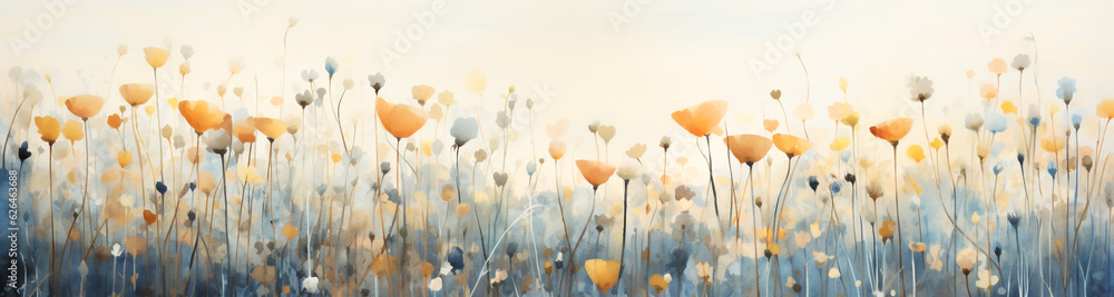 Wall mural a watercolor painting of several field of flowers, minimalistic landscapes, digital painting and dra