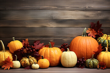 A colorful display of pumpkins, pumpkins and leaves sitting in a row on wooden background. Space for text. Generative AI.