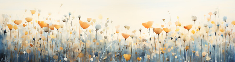 A watercolor painting of several field of flowers, minimalistic landscapes, digital painting and drawing. Generative AI.