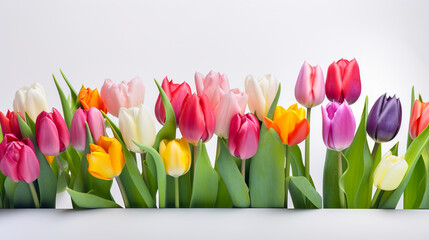 Colorful blooming tulips with flower stems and flower buds on white background. Generative AI.