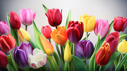 Colorful tulips against a grey background, a bunch of colorful tulips. Generative AI.