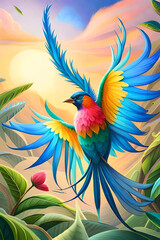Fototapeta na wymiar Colorful Bird Photo With Flower Background