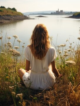 Girl sitting meditating, doing yoga on the background of nature. Generative AI