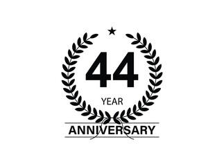 44 years anniversary logo template isolated on white, black and white background. 44th anniversary logo.