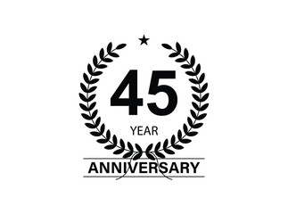 45 years anniversary logo template isolated on white, black and white background. 45th anniversary logo.