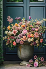 Fototapeta na wymiar flowers in pots,an outside photograph of an opulent arrangement of pastel,flowers in a vase