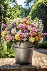 flowers in pots,an outside photograph of an opulent arrangement of pastel,flowers in a vase