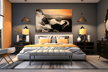 Master bed room with black and white bedroom decor. Generative AI.