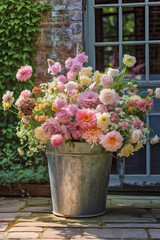 flowers in pots,an outside photograph of an opulent arrangement of pastel,flowers in a vase