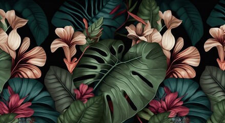 Tropical exotic seamless pattern with woman, monstera, hibiscuc, bromeliad, banana leaves, palm, colocasia. Hand-drawn 3D illustration. Good for production wallpapers, cloth and fabric, Generative AI