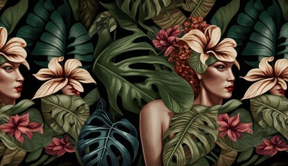 Tropical exotic seamless pattern with woman, monstera, hibiscuc, bromeliad, banana leaves, palm, colocasia. Hand-drawn 3D illustration. Good for production wallpapers, cloth and fabric, Generative AI - obrazy, fototapety, plakaty