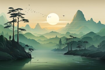 Starożytny Pejzaż Azji: Dusza Zen i Uroda Wabi-Sabi - Generative AI 10 - obrazy, fototapety, plakaty