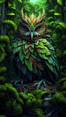 Green Owl in the Jungle, Owl Portrait in the Fantasy Forest,owl on a branch